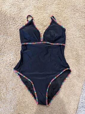 Black One-Piece Swimsuit with Rainbow Stitch Trim